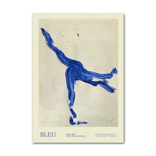 Dekorační plakát na zeď modrý abstraktní obrys postavy 50 × 75 cm tisk na plátno béžovo modrý minimalistický motiv do interiéru bez rámu