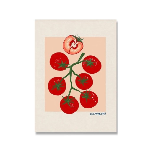 Dekorační plakát na zeď rajčata na větvi 50 x 75 cm plátno tisk červená zelená ilustrace měkké provedení bez rámu interiér restaurace