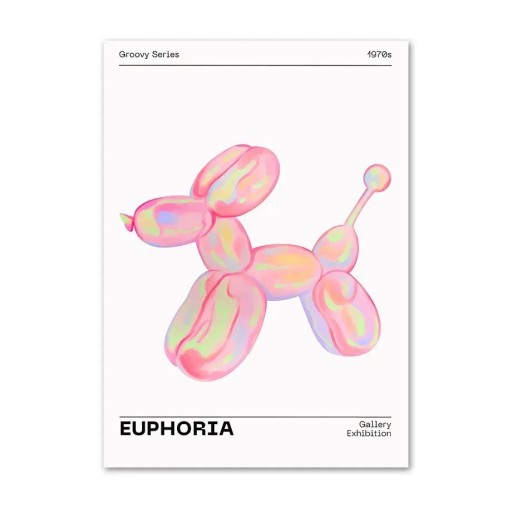 Dekorační plakát na zeď růžový pes z balónků 40 x 60 cm tisk na plátno barevný motiv bez rámu moderní nástěnná dekorace