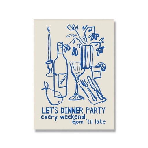 Dekorační plakát na zeď s ilustrací stolování 50 × 70 cm tisk na plátno modro-bílý lineární motiv bez rámu do kuchyně a jídelny