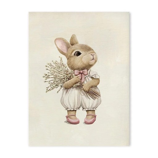 Dekorační plakát na zeď s roztomilým králíčkem 20 x 25 cm tisk na plátno béžovo-růžové jemné tóny bez rámu do dětského pokoje