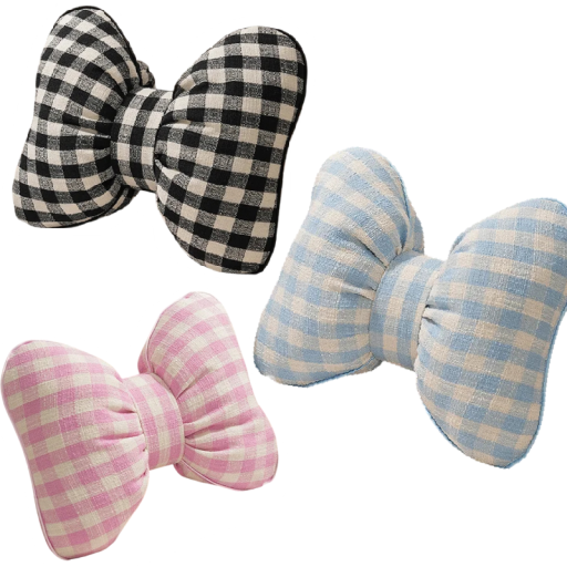 Dekorační polštářek ve tvaru mašle kostkovaný textilní s lemováním designový doplněk na sedačku postel obývací pokoj