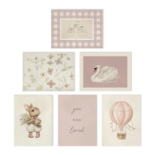 Dekorační set plakátů na zeď s dětskými motivy 6 ks 21 x 30 cm tisk na plátno růžové jemné tóny bez rámu dekorace do dětského pokoje