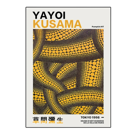 Dekoratiivinen juliste abstraktilla motiivilla Yayoi Kusama 50 x 70 cm kangastulostus keltamustat muodot moderni sisustuselementti ilman kehystä
