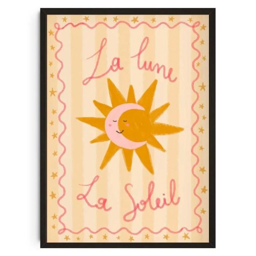 Dekoratiivinen juliste aurinko ja kuu tekstillä La lune La soleil 40 x 50 cm kangaspainatus keltainen teema seinäkoriste lastenhuoneeseen