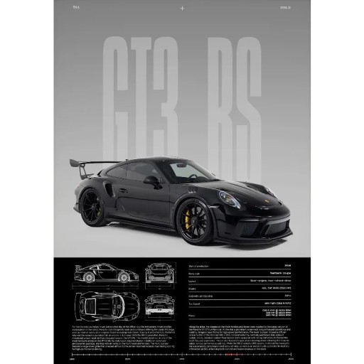 Dekoratiivinen juliste GT3-RS urheilu luksusauto 40 x 60 cm kangasprintti musta auto ilman kehystä seinäkoriste asuntoon