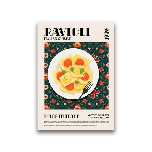Dekoratiivinen juliste ravioli-pastan kuvalla 20 × 30 cm Kangastuloste Vihreä kuvamotiivi Italialainen keittiö Sisustus kotiin ravintolaan bistron