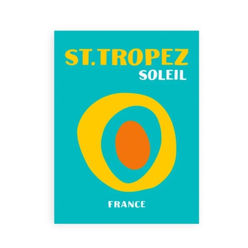Dekoratiivinen juliste St. Tropez Ranska 13 x 18 cm kangastuloste turkoosi kesäaihe värikäs grafiikka sisustuselementti ilman kehystä