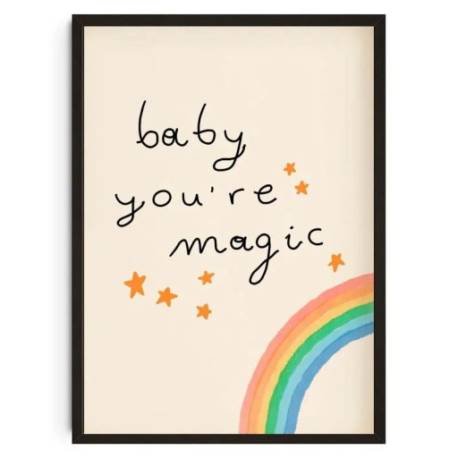 Dekoratiivinen juliste tekstillä baby you’re magic ja sateenkaari 40 × 60 cm kangastuloste monivärinen seinätaulu lastenhuoneeseen ilman kehystä