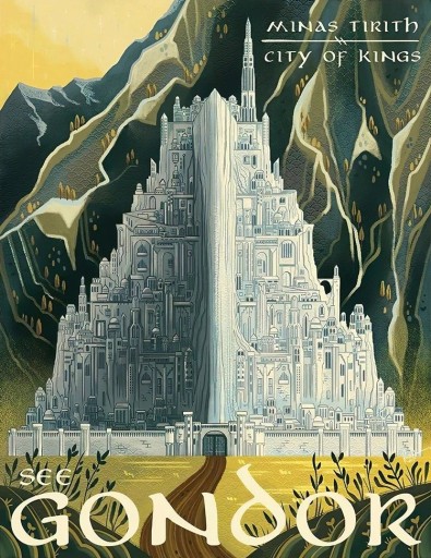 Dekoratiivinen seinäjuliste Gondor Kivimaa fantasia-aihe 30 × 40 cm kangastuloste vihreä-keltainen kuvitus koriste ilman kehystä
