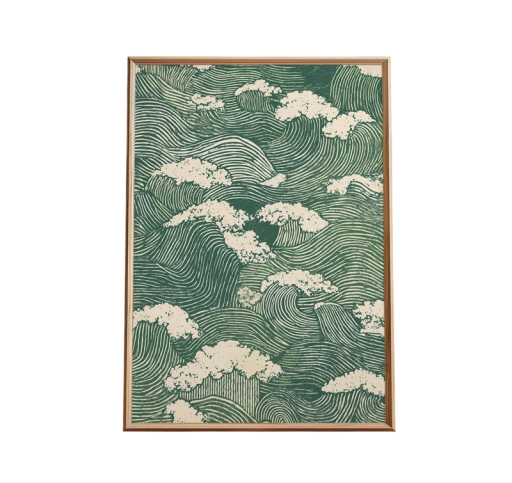 Dekoratiivinen seinäjuliste japanilaisista aalloista 20 × 30 cm kangaspainatus vihreä-valkoinen kuvio sisustuselementti ilman kehystä