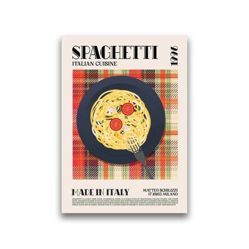 Dekoratiivinen seinäjuliste spagetti-aiheella 20 × 30 cm kangastuloste värikäs gastronominen aihe italialainen keittiö sisustus kotiin ravintolaan