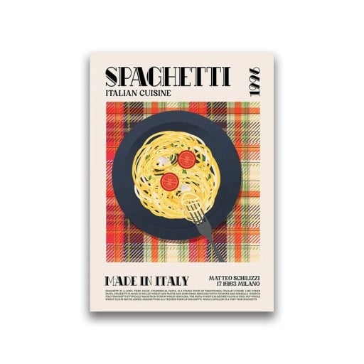 Dekoratiivinen seinäjuliste spagetti-teemalla 40 × 60 cm kankaanpainatus värikäs gastronominen teema italialainen keittiö sisustus ravintola