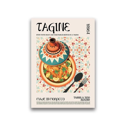 Dekoratiivinen seinäjuliste tagine-motiviin 20 × 30 cm Kangastuloste Pehmeä juliste Marokkolainen keittiö Sisustus kotiin ravintolaan bistron