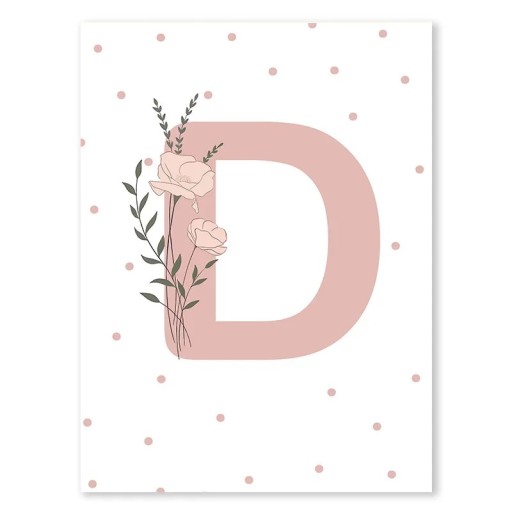 Dekorationsplakat 21 x 30 cm Rosa bogstav D med blomsterdesign Lærredsbillede uden ramme Delikat dekoration til børneværelset