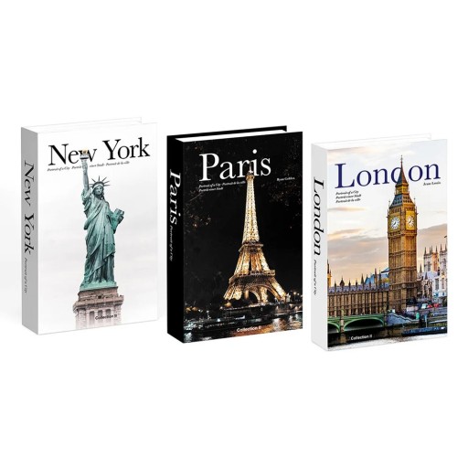 Dekorativ bog i falsk design med motiver fra verdensbyerne New York, Paris og London, ikke-åbningsbar dekoration til hylden i biblioteket og interiøret