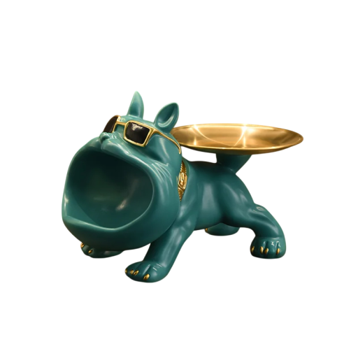 Dekorativ bulldog opbevaringsskål til smykker og småting 25x14.5x16 cm designet stativ hund med gylden skål og briller