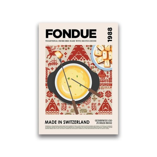 Dekoratív falikép fondue mintával 40 × 60 cm Vászonnyomtatás Puha poszter Svájci konyha Lakás dekoráció étterem bisztró