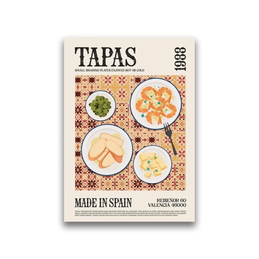 Dekoratív gastronomikai poszter tapas motívummal 20 × 30 cm Vászonnyomtatás Puha falikép Spanyol konyha Lakásdekoráció étterem bisztró