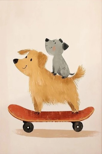 Dekoratív gyermek poszter 30 x 42 cm Kutyák gördeszkán Rajzolt motívum vászonra nyomtatva Függőleges kép keret nélkül Szoba díszítés