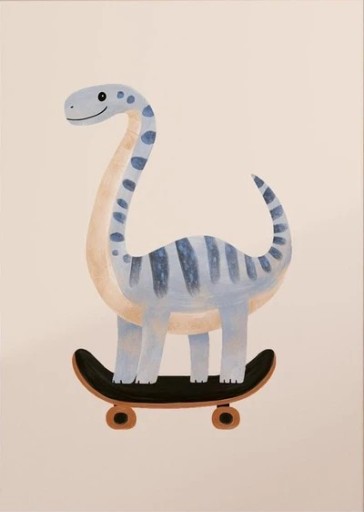 Dekoratív kép 40 x 50 cm Kék dinoszaurusz Brontosaurus gördeszkán Illusztrált poszter vászonra Gyerek kép Keret nélkül