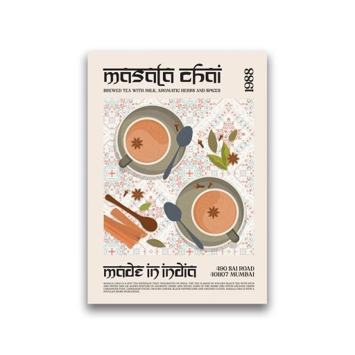 Dekoratív plakát 30 x 40 cm Indiai Masala Chai Világkonyha Fali kép itallal Vászonnyomtatás Keret nélkül étteremhez