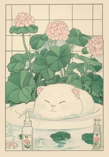 Dekoratív plakát 30 x 42 cm Fehér macska habfürdőben Japán motívum Vászon illusztráció Aranyos fali dekoráció Keret nélkül