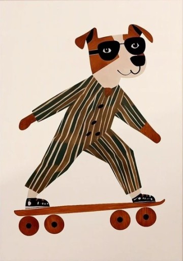 Dekoratív plakát 30 x 42 cm Kutya a skateboardon Illusztrált kép vászonra Keret nélkül Fali dekoráció gyerekszobába