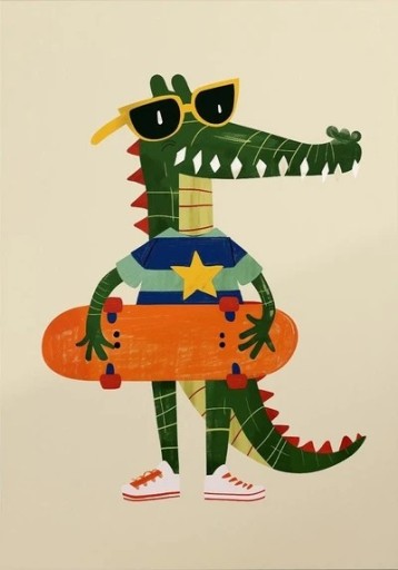 Dekoratív plakát 40 x 50 cm Rajzolt krokodil gördeszkával Vászonnyomtatás Függőleges kép keret nélkül Gyerekszoba falikép