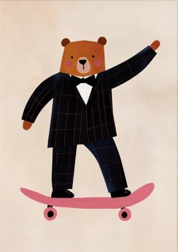 Dekoratív plakát a falra 40 x 50 cm Medvér skateboardon Illusztráció Vászonnyomtatás Függőleges kép Keret nélküli Gyerekszoba