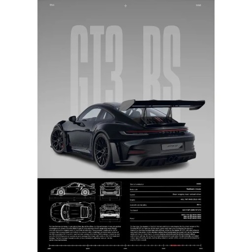 Dekoratív plakát GT3-RS sportautó hátulról 30 x 40 cm vászonnyomtatás fekete autó keret nélkül falikép otthonra