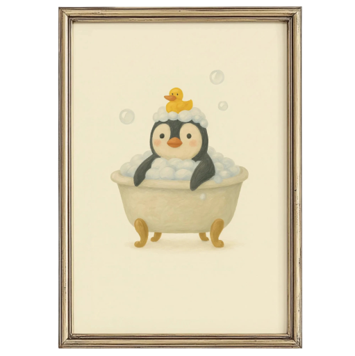 Dekoratív plakát pingvin a habos fürdőkádban 30 x 40 cm vászonnyomás barna kép keret nélkül fali dekoráció fürdőszobába