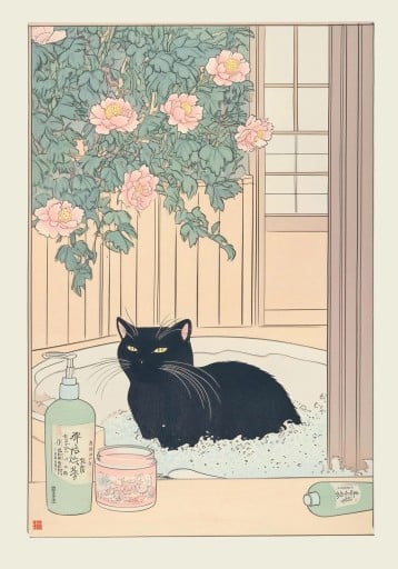 Dekoratív poszter 40 x 60 cm Fekete macska buborékfürdőben Japán stílus Aranyos vászonkép Fali dekoráció Keret nélkül