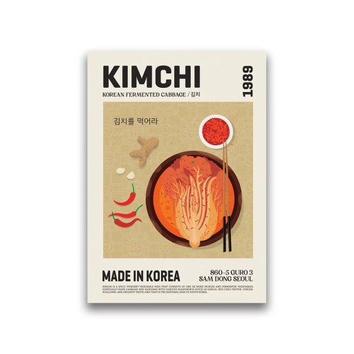 Dekoratív poszter 40 x 60 cm Kimchi Koreai konyha Vászonkép Keret nélkül Gasztronómiai dekoráció étkezőbe étterembe