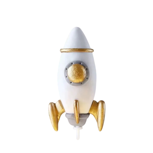 Dekoratív tortadísz Rakéta arany részletekkel Magasság 7.1 cm Latex figura Űr születésnapi dekoráció