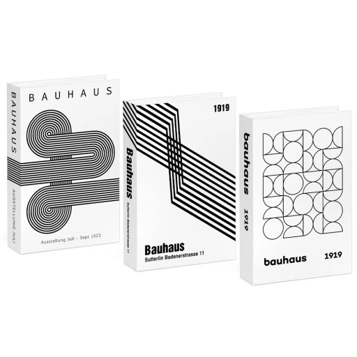 Dekorativa falska böcker Bauhaus 1919 oöppningsbara imitationer av böcker svartvit geometrisk design dekoration för inredning bokhylla