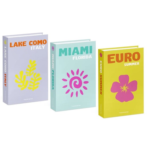 Dekorativa falska böcker Lake Como Italien Miami Florida Euro Sommar oöppningsbara imitationer av böcker gula blå dekorationer