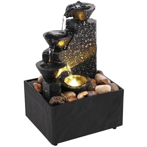 Dekorativer Hausbrunnen, Zimmerwasserbrunnen mit Krügen, leuchtende Dekoration mit fließendem Wasser, angetrieben durch USB oder 2 AA-Batterien, 17 x 9 x 11 cm