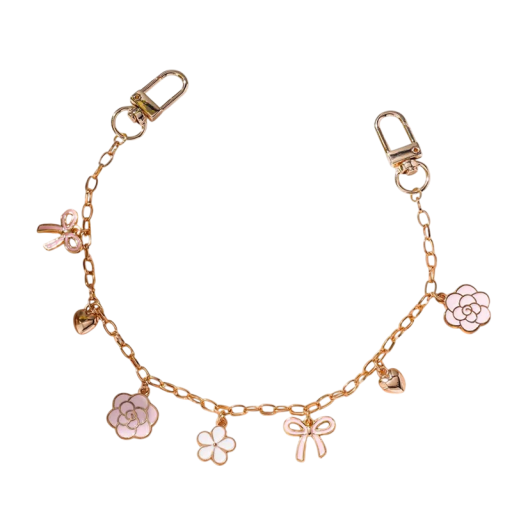 Dekorativer Kettenanhänger für Handtaschen Goldene Kette mit Schleifen, Blumen und Herzen Metalllegierung Dekorativer modischer Kettenanhänger für Handtaschen