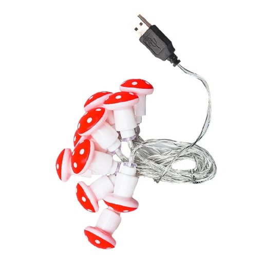 Dekorativní LED řetěz 1,5 m s 10 červenými světly ve tvaru muchomůrek USB napájení Světelná dekorace pro domov i zahradu
