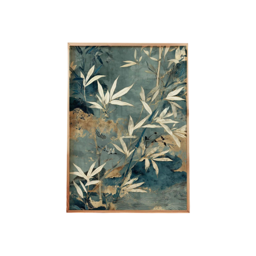 Dekorativní plakát na zeď bambusové lístky japonský motiv 40 × 60 cm tisk na plátno modrozelený béžový design do interiéru bez rámu