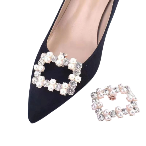 Dekorativní spona na lodičky obdélníkový rám s perličkami a kamínky 6×5 cm kov zlatá s klipem ozdoba na boty elegantní doplněk