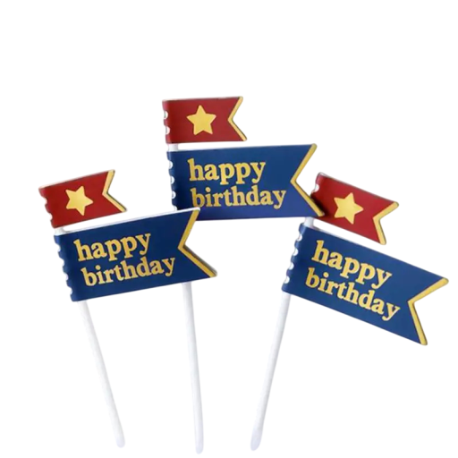 Dekorativní zapichovátka ve tvaru narozeninových vlajek s nápisem Happy Birthday Ozdoba na dort 3 ks