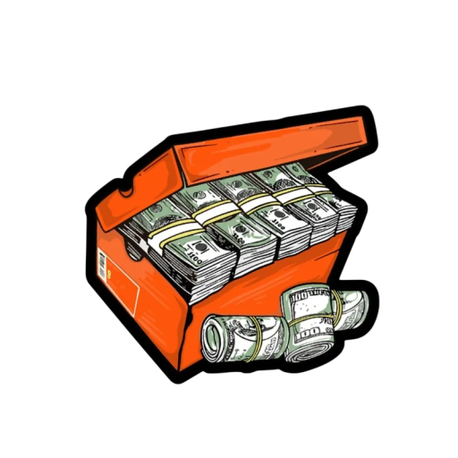 Dekorativt tæppe med motiv af kasse fyldt med dollars, 60 x 90 cm, polyester, skridsikker bagside, orange måtte til stuen