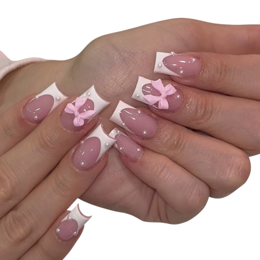Delicate Collection of French Artificial Nails Square Shape Sweet Pearls and 3D Bows 12 Sizes Elegant Manicure Tips 24 Pieces