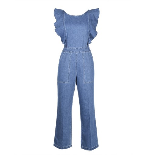 Denim jumpsuit för kvinnor med volanger