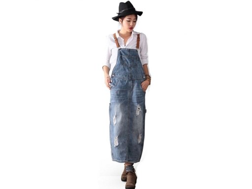 Denim midi-jurk met slabbetje