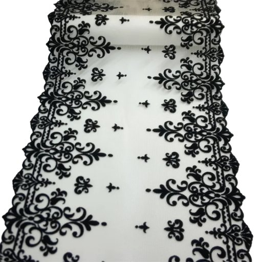 Dentelle brodée en tulle 23 x 91 cm Dentelle en polyester noire avec motif végétal Tissu décoratif pour la couture de vêtements et décorations DIY