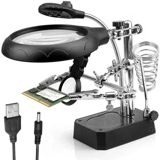 Derde hand voor het solderen met LED-lampje en twee vergrootglazen Verstelbare standaard met soldeerbouthouder en USB-voeding Flexibele armen