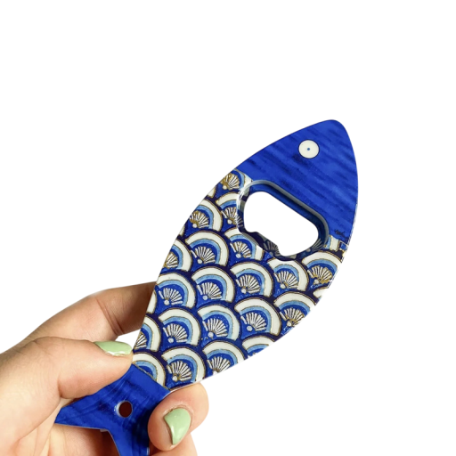 Deschizător de sticle magnetic pește 2în1 magnet decorativ model geometric albastru